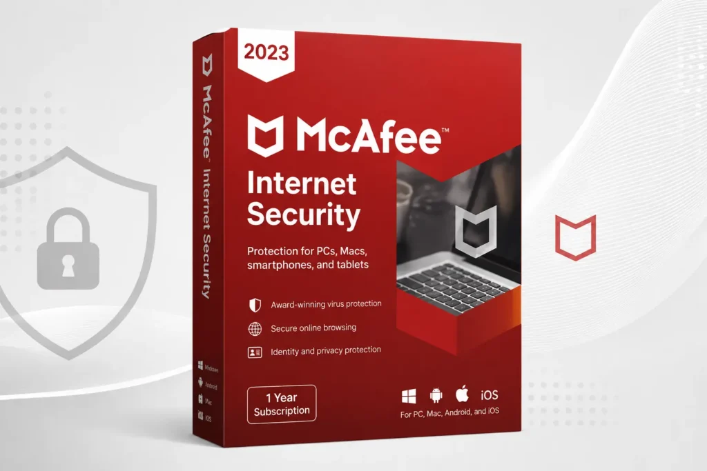 McAfee Internet Security 2023 software box featuring antivirus, malware protection, secure browsing, and privacy security for Windows, Mac, Android, and iOS devices.