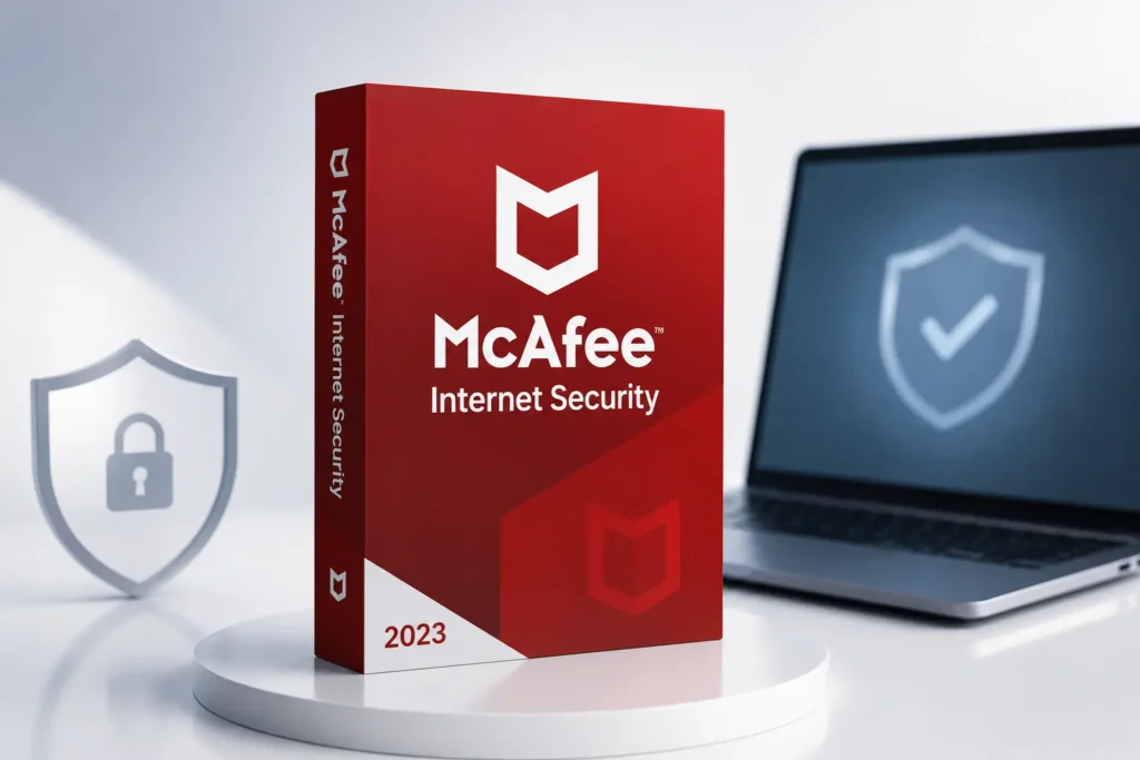 Featured image of McAfee Internet Security 2023 software with a security shield and laptop, representing antivirus, malware protection, online privacy, and secure browsing for all devices.