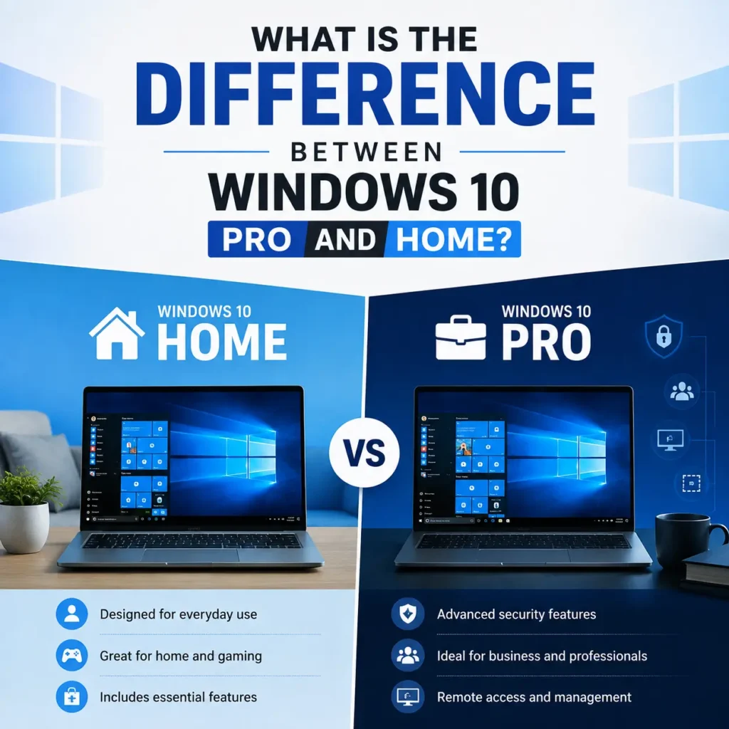 Comparison of Windows 10 Pro and Windows 10 Home showing key differences in security, business features, gaming, and everyday use.