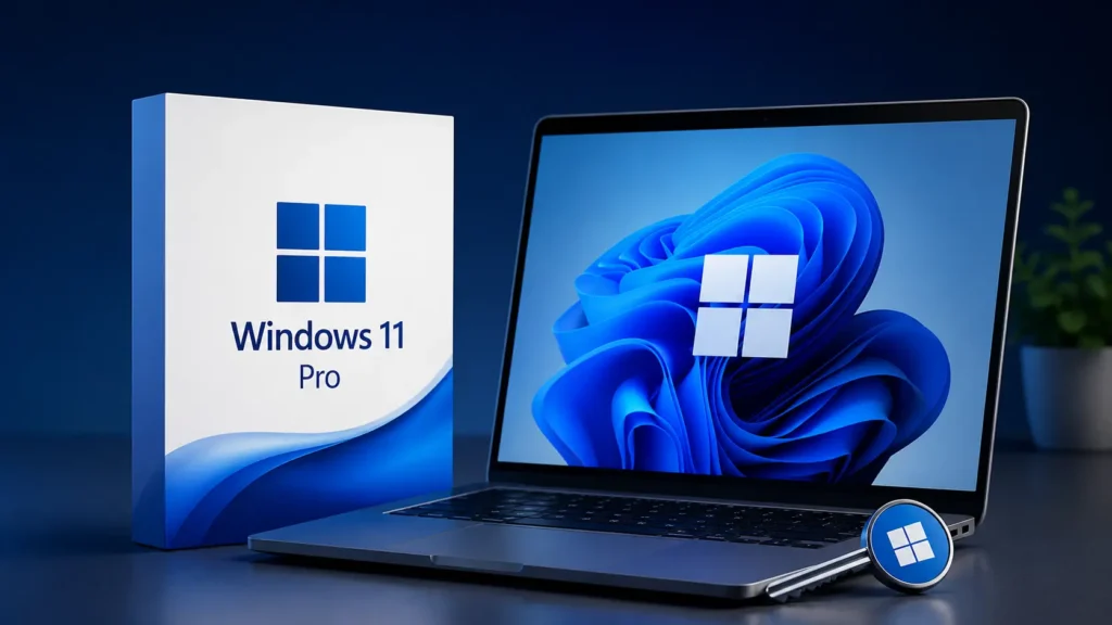 Windows 11 Pro digital license key with a laptop displaying Windows 11, representing affordable genuine activation keys for Windows 11 Pro.